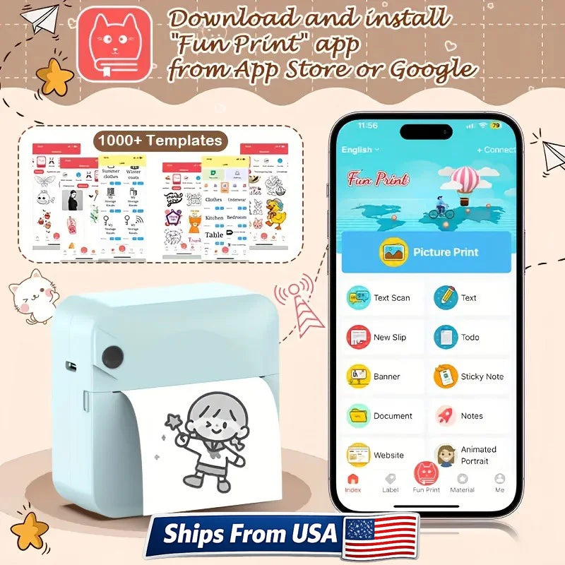 Portable Mini Sticker Printer Inkless Bluetooth Thermal Printer Pocket Size with Paper Roll for Notes Photos Journal DIY Labels
