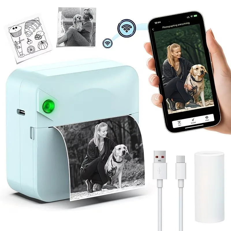 Portable Mini Sticker Printer Inkless Bluetooth Thermal Printer Pocket Size with Paper Roll for Notes Photos Journal DIY Labels