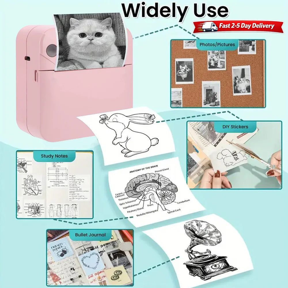 Portable Mini Sticker Printer Inkless Bluetooth Thermal Printer Pocket Size with Paper Roll for Notes Photos Journal DIY Labels