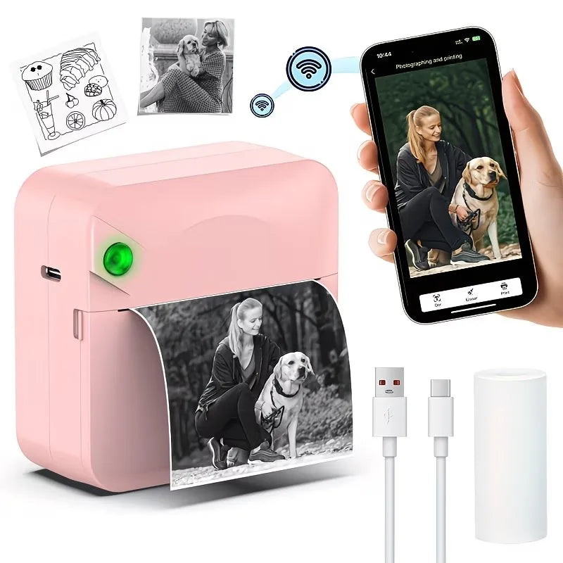 Portable Mini Sticker Printer Inkless Bluetooth Thermal Printer Pocket Size with Paper Roll for Notes Photos Journal DIY Labels