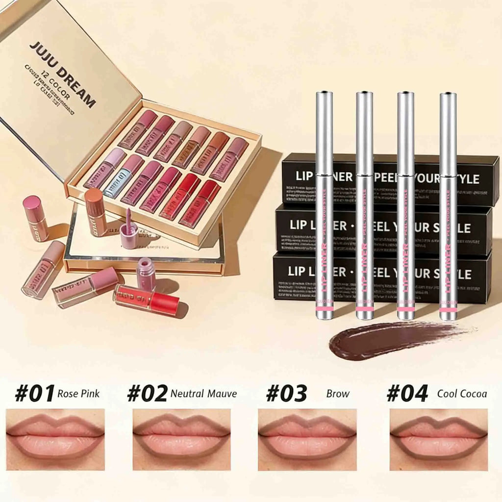 16 Pcs Lip Gloss Lipstick Set+Peel-Off Lip Liner Matte Long-Lasting Waterproof Liquid Velvet Non-Stick Formula Stain Cosmetic