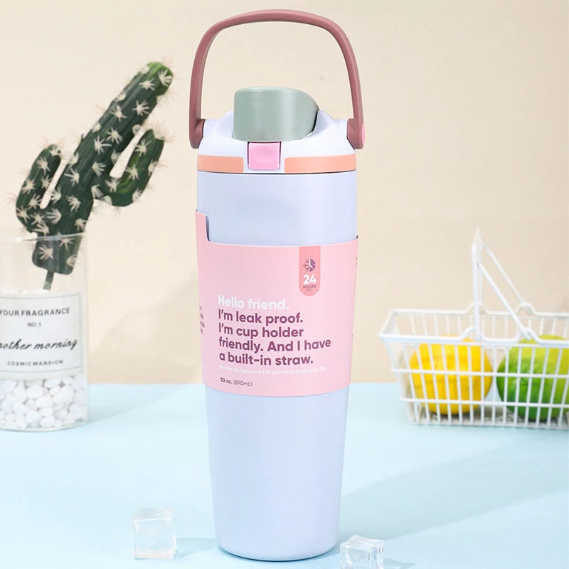 Sway 30oz Insulated Water Bottle Straw Double Wall Vacuum Thermos Cup Leakproof Hot/Cold Drink for Gym Office Camping Car Travel