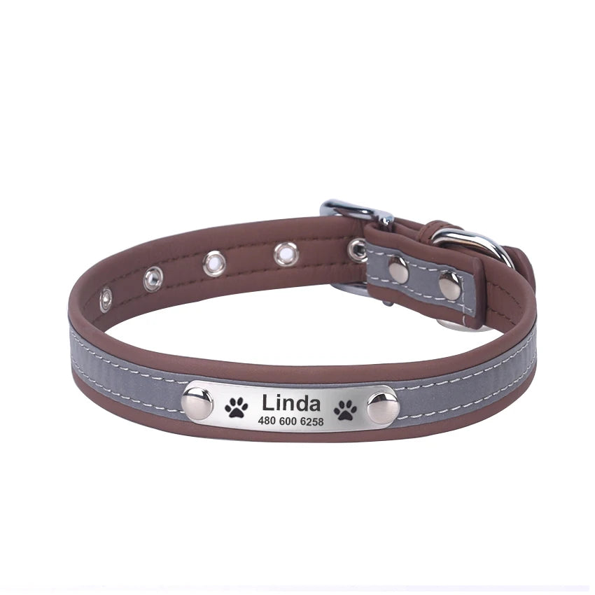 Personalized Dog Collar Leather Reflective Cat Collar Custom Engraved ID Tag Engraved For Puppy Large Dogs  Pet accessories