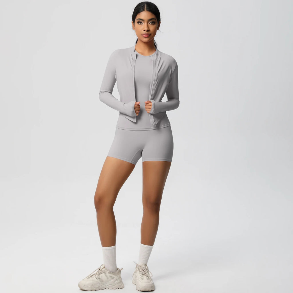 3PCS/set Sports Fitness Clothing Yoga Set Sports Running Long Sleeves Zipper Jacket High Waist Quick-Dry Shorts Gym Yoga Set