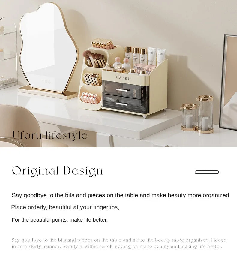 2 Drawers Makeup Organizer with Brush Holder Spacious Vanity Countertop Case for Skincare Perfumes Eyeshadow Palettes