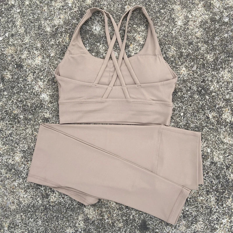 Yoga Set Gym Sports Set 2 Piece Women Workout Outfit Fitness Suit Cross Straps Bra Top And High Waist Leggings Running Tracksuit