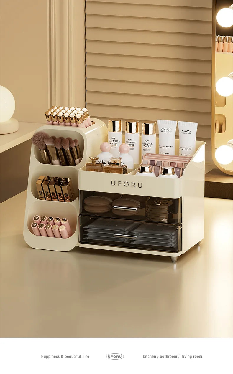 2 Drawers Makeup Organizer with Brush Holder Spacious Vanity Countertop Case for Skincare Perfumes Eyeshadow Palettes