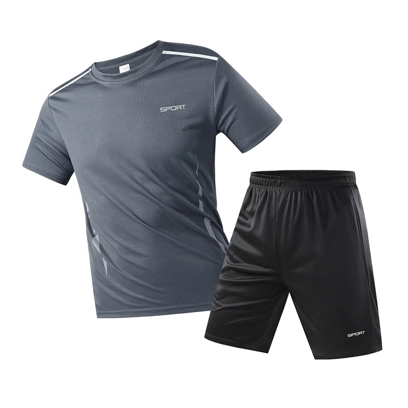 Mens Fitness Tracksuit Set Summer Casual Sporting Male Quick-Drying Short-Sleeved Tops+Shorts Sweatsuit 2 Piece Set Track Suit