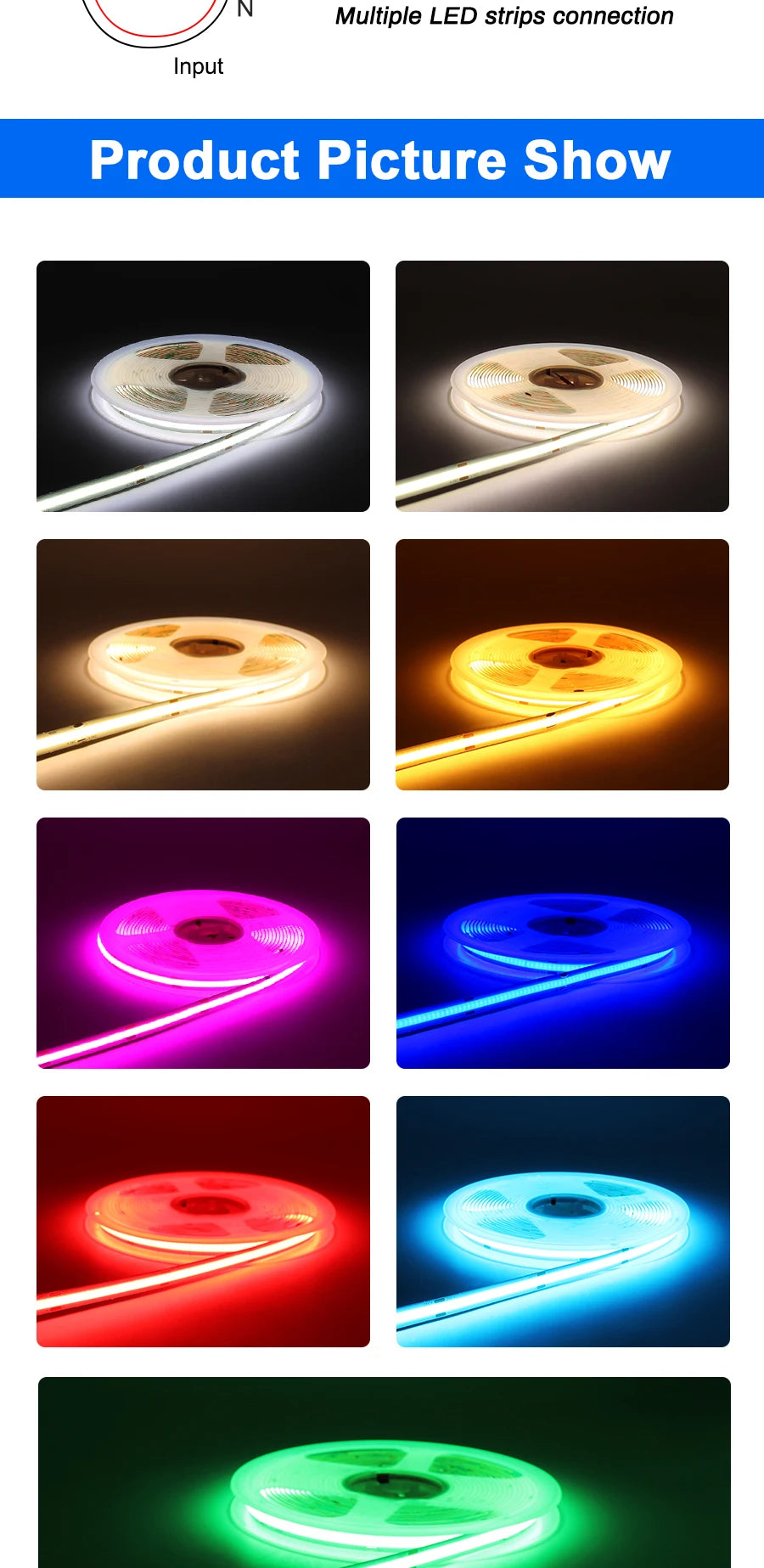 3mm 5mm 8mm COB LED Strip 12V 24V Dimmable Tape LED Ice Blue Yellow Red Green Pink White For Home Decor RA90 LED Strip Lighting