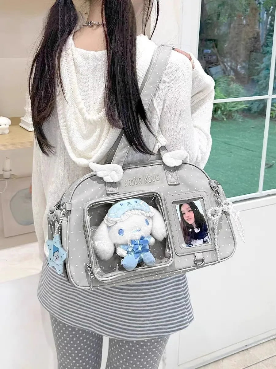 Japanese-Style INS Minimalist Solid-Color Fashion Shoulder Bag, Polka-Dot Wing-Decorated Cute Ita Bag (Shoulder & Crossbody)