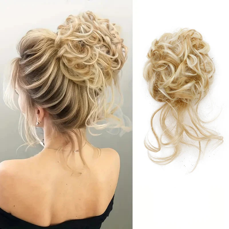 Synthetic Elegant Messy Curly Elastic Rubber Band Hair Bun Fluffy Easy to Style Suitable for Daily Use\'\[]\