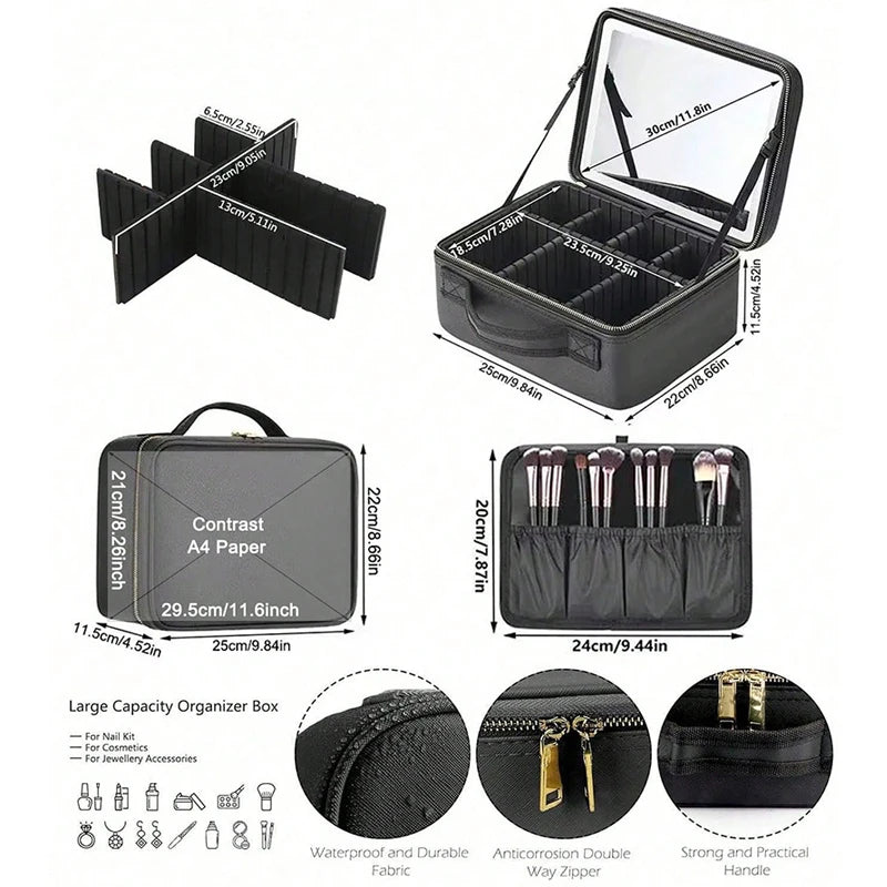 Smart 3 Color LED Travel Train Cosmetic Case Light And Mirror Makeup Bag Female Beautician Skincare Makeup Case For Women