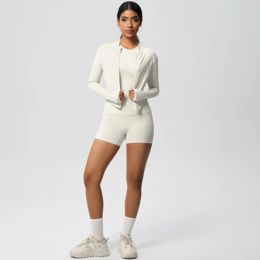 3PCS/set Sports Fitness Clothing Yoga Set Sports Running Long Sleeves Zipper Jacket High Waist Quick-Dry Shorts Gym Yoga Set