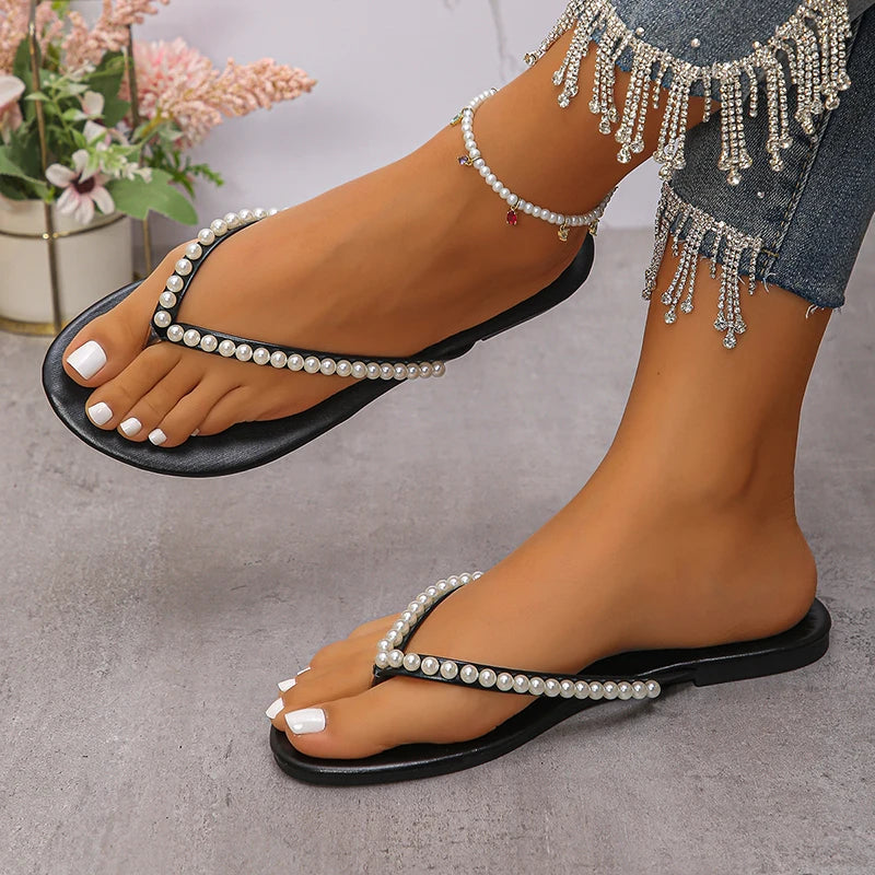 Fashion Pearls Beach Flip Flops for Women 2025 Summer Clip Toe Flat Slides Sandals Woman Comfortable Non Slip Outdoor Slippers