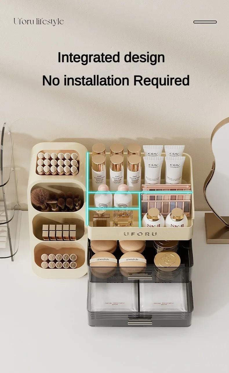 2 Drawers Makeup Organizer with Brush Holder Spacious Vanity Countertop Case for Skincare Perfumes Eyeshadow Palettes