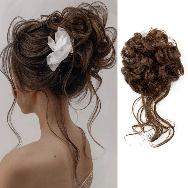 Synthetic Elegant Messy Curly Elastic Rubber Band Hair Bun Fluffy Easy to Style Suitable for Daily Use\'\[]\
