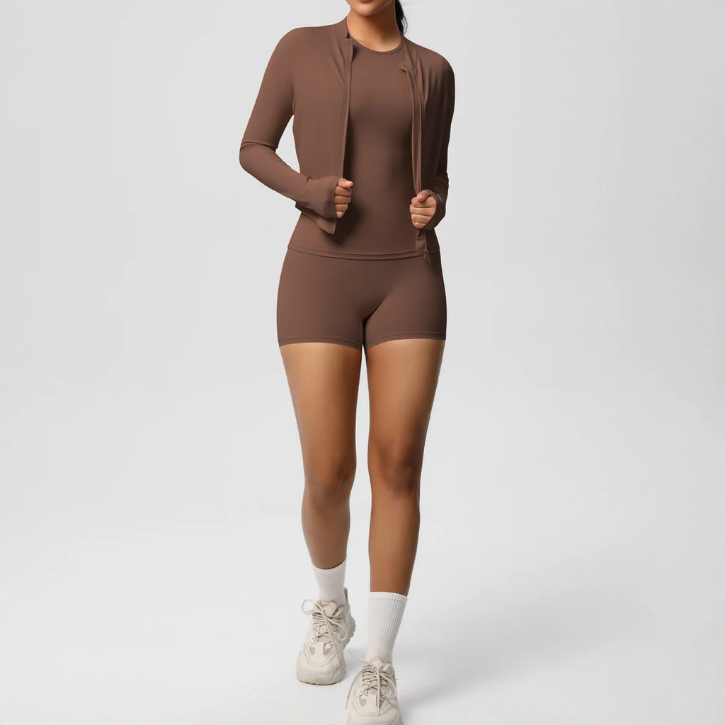 3PCS/set Sports Fitness Clothing Yoga Set Sports Running Long Sleeves Zipper Jacket High Waist Quick-Dry Shorts Gym Yoga Set