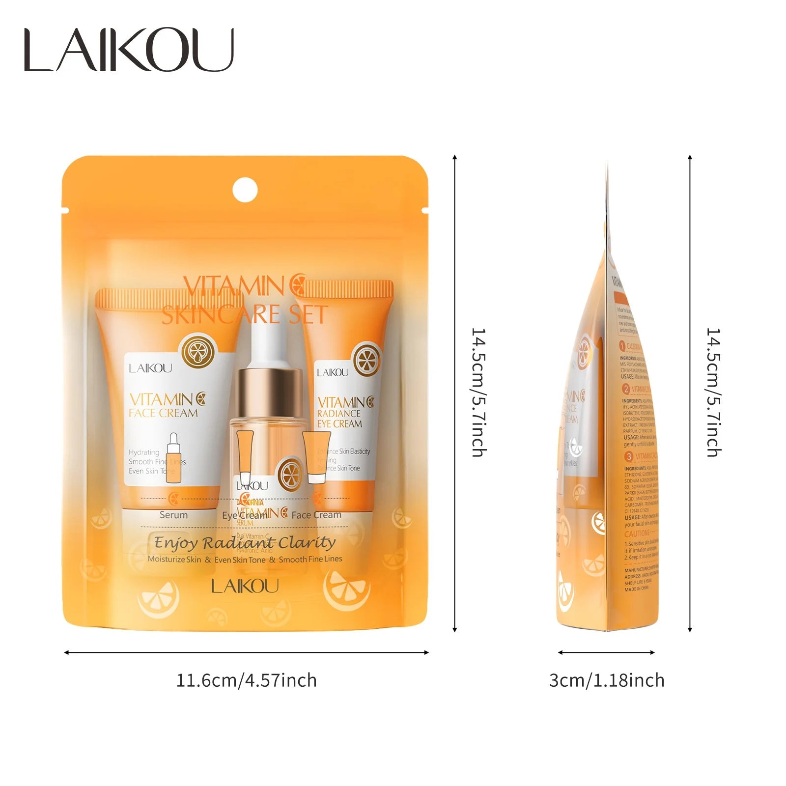 3pcs/Set LAIKOU Vitamin C Facial Set for Hydrating Moisturizing Whitening and Brightening