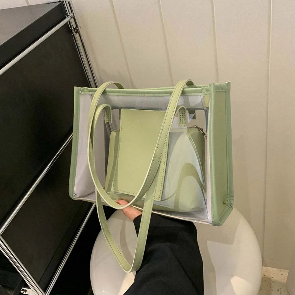 2pcs/set Elegant Transparent Jelly Bag Large Capacity Candy Color PVC Composite Tote Bags Storage Pouch PU Leather Handbag Women