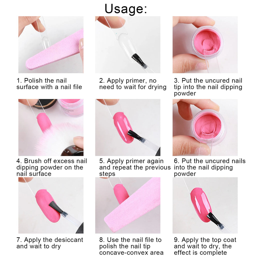 Nail Dipping Powder Set Nail Art Powder Top Base Coat Gel Dust Brush Manicure Tool Set Nail Powder