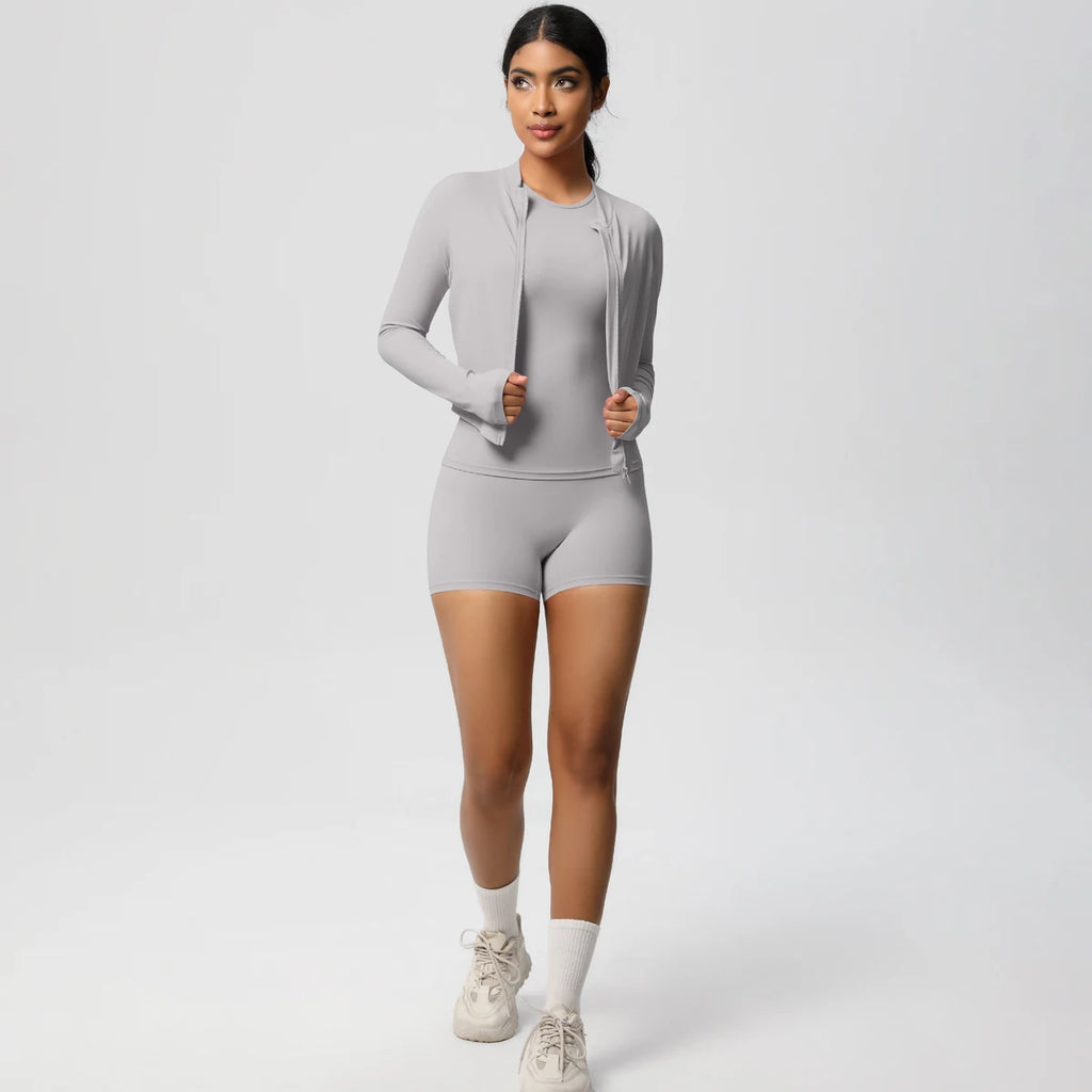3PCS/set Sports Fitness Clothing Yoga Set Sports Running Long Sleeves Zipper Jacket High Waist Quick-Dry Shorts Gym Yoga Set