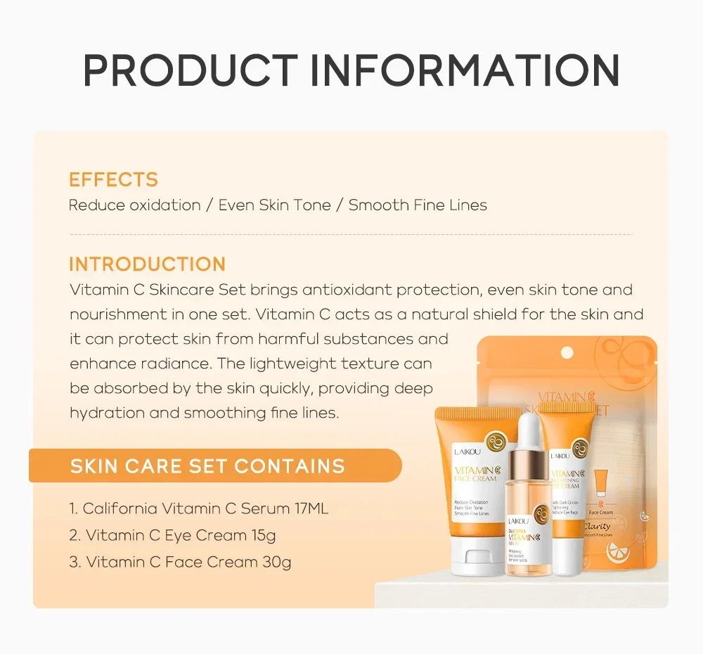 3pcs/Set LAIKOU Vitamin C Facial Set for Hydrating Moisturizing Whitening and Brightening