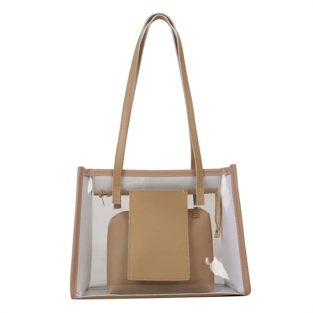 2pcs/set Elegant Transparent Jelly Bag Large Capacity Candy Color PVC Composite Tote Bags Storage Pouch PU Leather Handbag Women