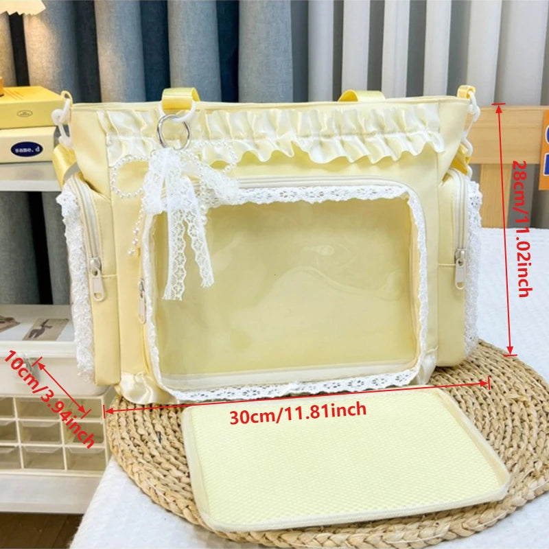 Y2K Sweet Ita Bag for Women Transparent Crossbody Shoulder Bag Large Capacity Lace Tote Bag Cute DIY Display Handbag