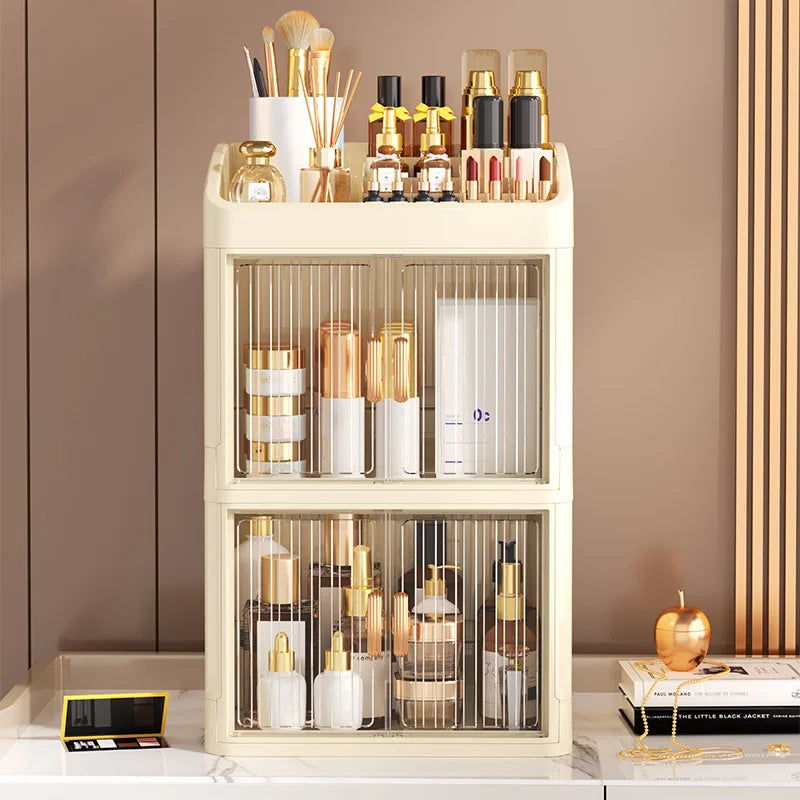 3 to 4-Tier Foldable Makeup Organizer with Drawer Function— Provides Spacious Storage for Cosmetics, Jewelry, Perfume, Lipstick, Makeup Brushes, Stationery, and Bathroom Supplies— Easy to Assemble, Compact Design Suitable