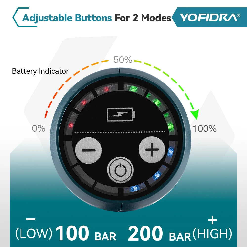 YOFIDRA 200Bar Brushless Electric High Pressure Washer Water Gun 6IN1 Cordless Car Washer Cleaning Garden For Makita Battery Pin