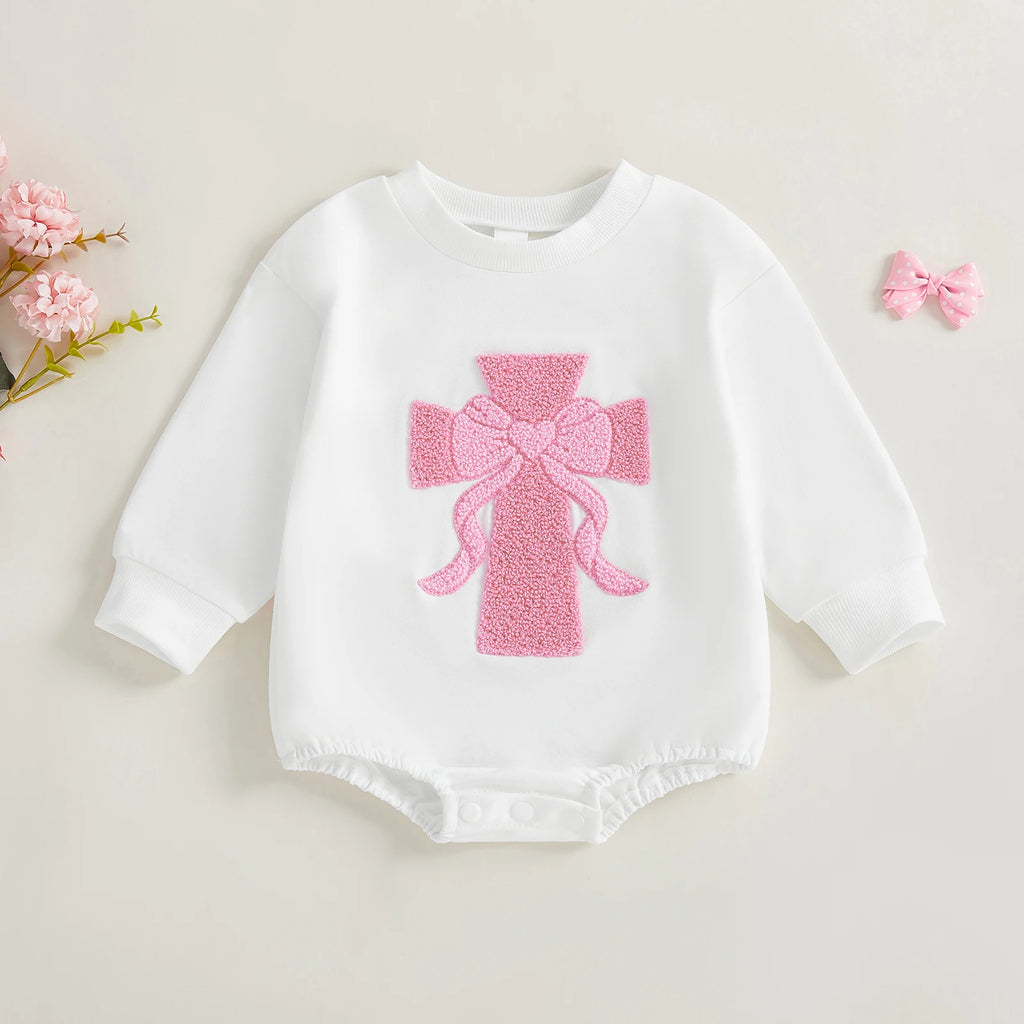 Infant Girl Fall Sweater Jumpsuit with Long Sleeves and O Neckline Adorned with Bow and Cross Embroidery