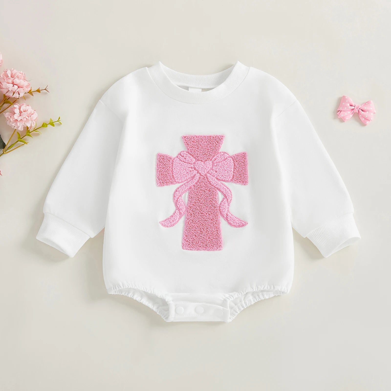 Infant Girl Fall Sweater Jumpsuit with Long Sleeves and O Neckline Adorned with Bow and Cross Embroidery