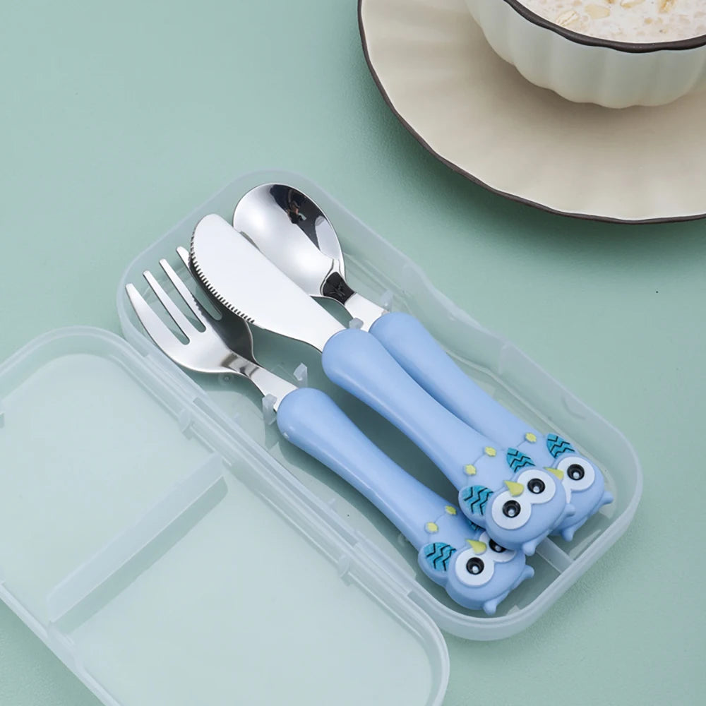 3pcs Children Spoon Forks Box Kids Stainless Steel Kids Cutlery Portable Baby Feeding Utensils Baby Spoons Baby Tableware Set