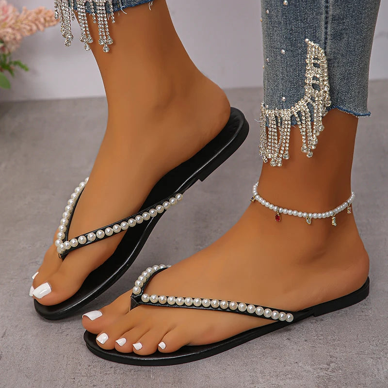 Fashion Pearls Beach Flip Flops for Women 2025 Summer Clip Toe Flat Slides Sandals Woman Comfortable Non Slip Outdoor Slippers