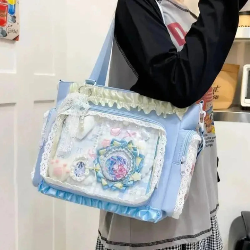 Y2K Sweet Ita Bag for Women Transparent Crossbody Shoulder Bag Large Capacity Lace Tote Bag Cute DIY Display Handbag