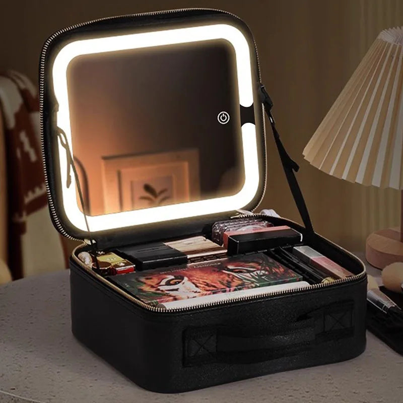 Smart 3 Color LED Travel Train Cosmetic Case Light And Mirror Makeup Bag Female Beautician Skincare Makeup Case For Women