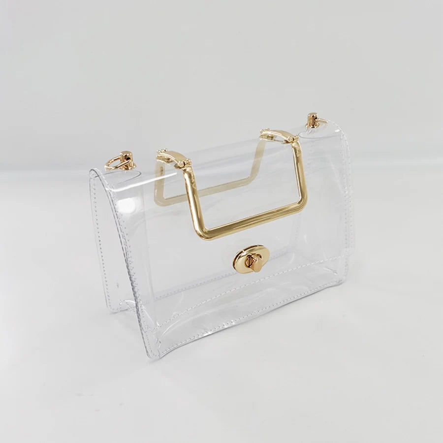 Summer jelly transparent pvc bag clear metal handle small square bag waterproof design chains flap shoulder crossbody bag beach