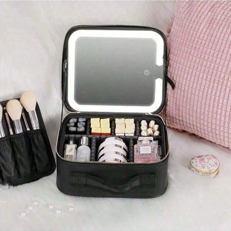 Smart 3 Color LED Travel Train Cosmetic Case Light And Mirror Makeup Bag Female Beautician Skincare Makeup Case For Women