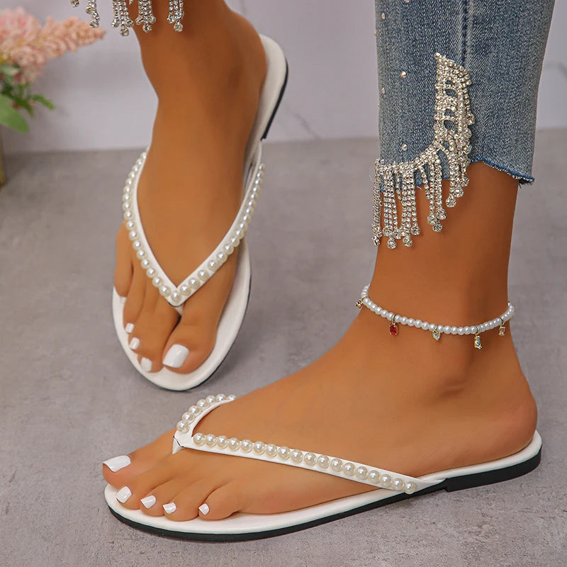 Fashion Pearls Beach Flip Flops for Women 2025 Summer Clip Toe Flat Slides Sandals Woman Comfortable Non Slip Outdoor Slippers