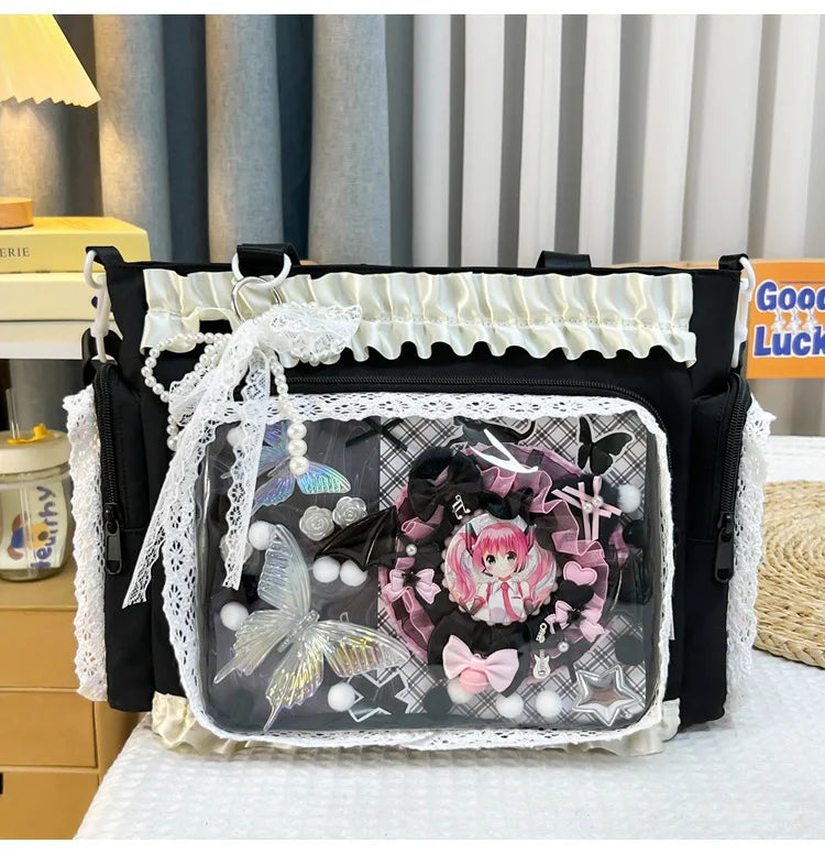 Y2K Sweet Ita Bag for Women Transparent Crossbody Shoulder Bag Large Capacity Lace Tote Bag Cute DIY Display Handbag