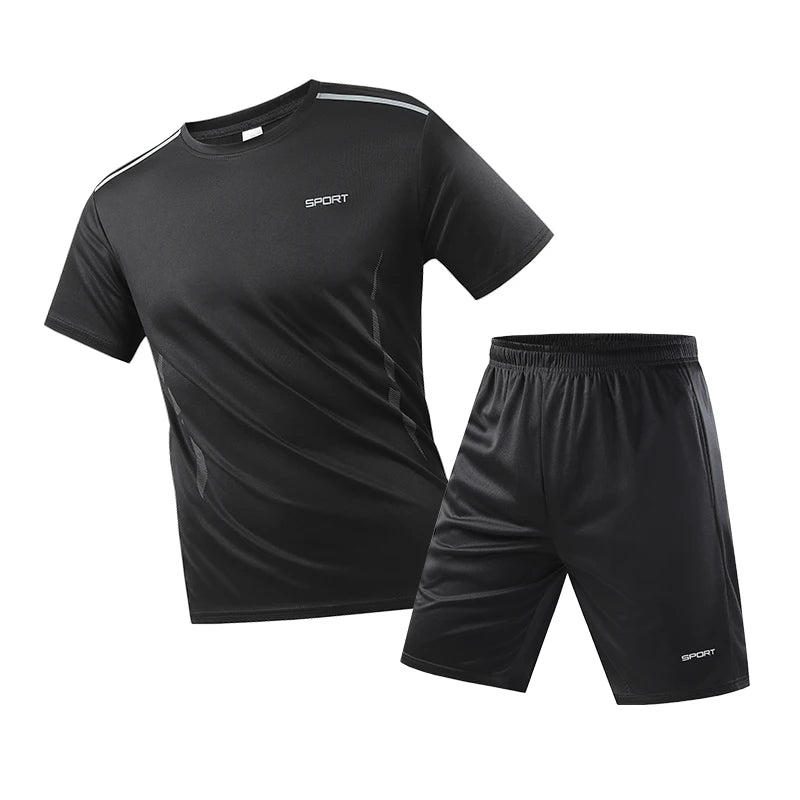 Mens Fitness Tracksuit Set Summer Casual Sporting Male Quick-Drying Short-Sleeved Tops+Shorts Sweatsuit 2 Piece Set Track Suit