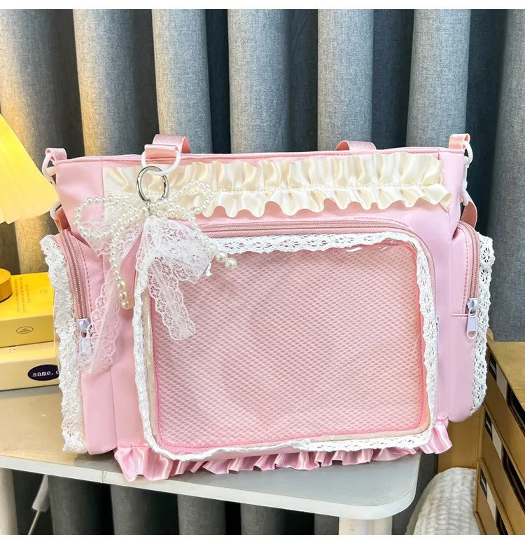 Y2K Sweet Ita Bag for Women Transparent Crossbody Shoulder Bag Large Capacity Lace Tote Bag Cute DIY Display Handbag