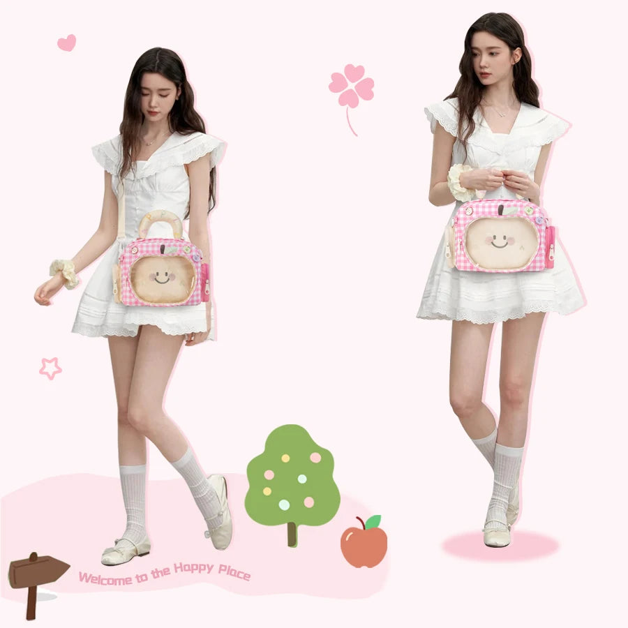 Kabaqoo Cute Apple Ita Bag For Women Y2K Versatile Crossbody Bag PU Leather Shoulder Bag Handbag with Mesh Insert Pad Sweet Handbag Backpack