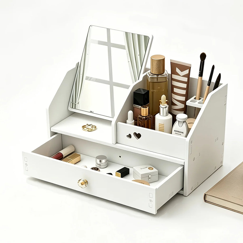 White Makeup Organizer with Mirror & Drawer, Multi-Compartment Cosmetic Storage for Vanity