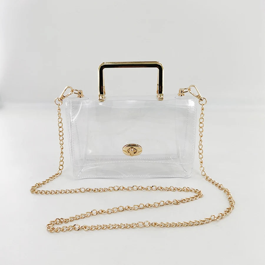 Summer jelly transparent pvc bag clear metal handle small square bag waterproof design chains flap shoulder crossbody bag beach