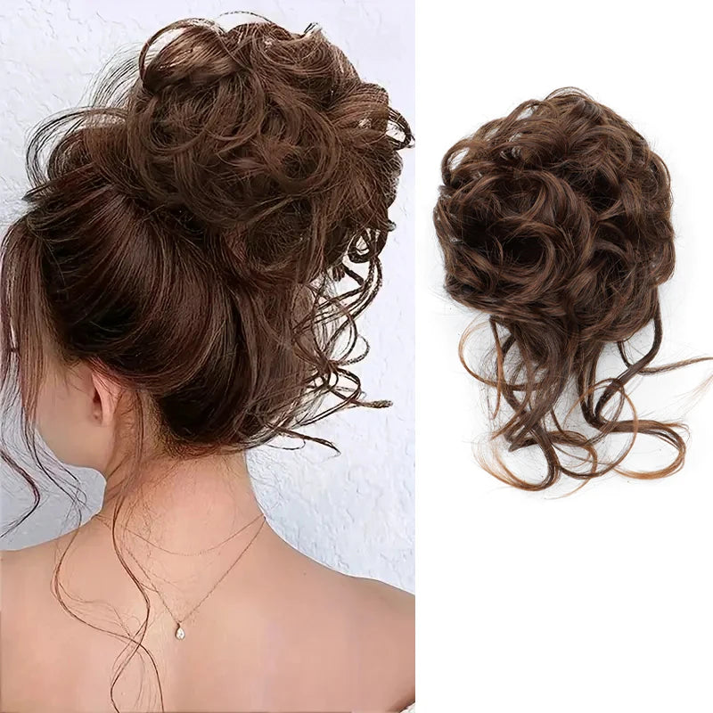 Synthetic Elegant Messy Curly Elastic Rubber Band Hair Bun Fluffy Easy to Style Suitable for Daily Use\'\[]\