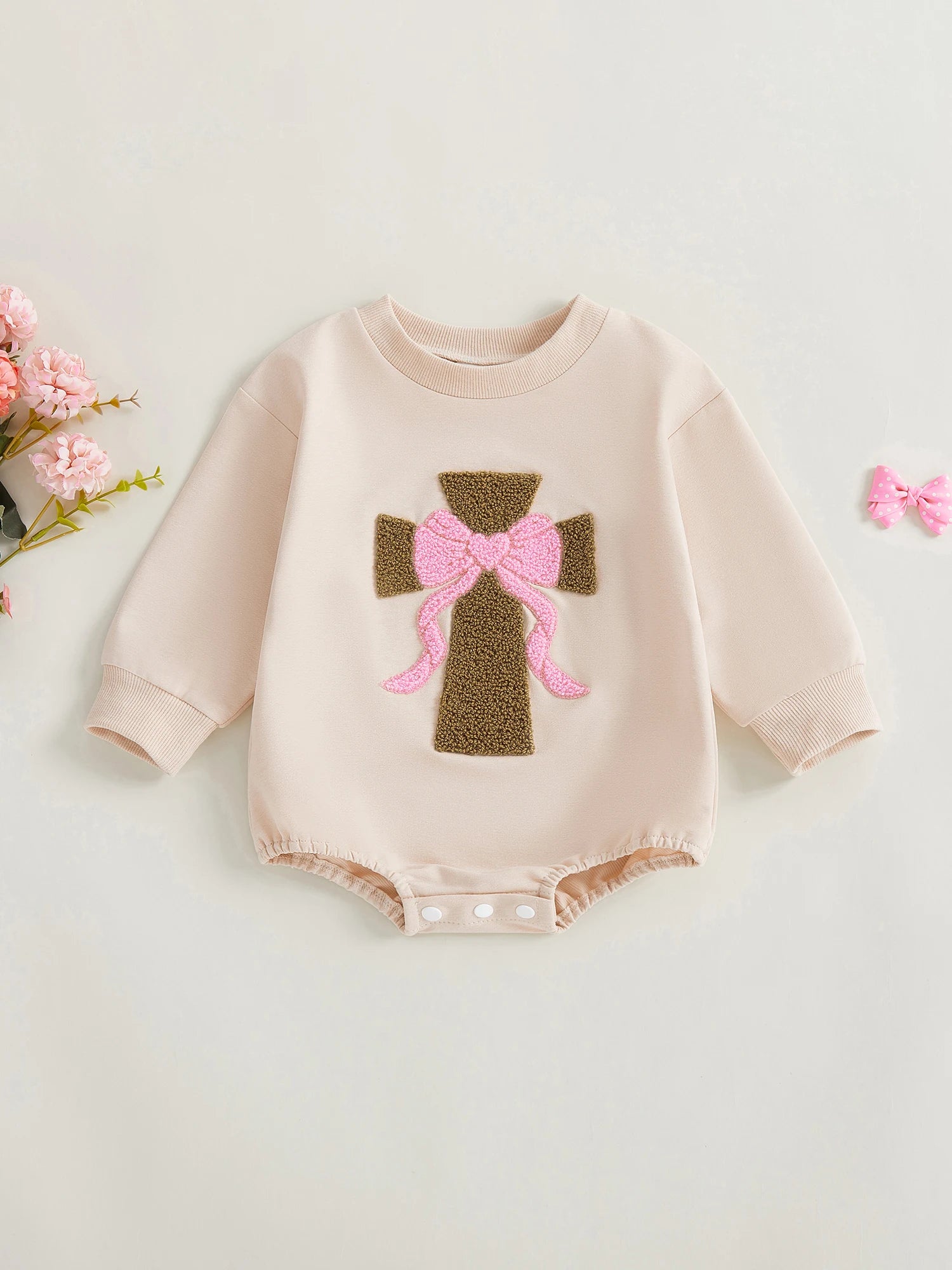 Infant Girl Fall Sweater Jumpsuit with Long Sleeves and O Neckline Adorned with Bow and Cross Embroidery