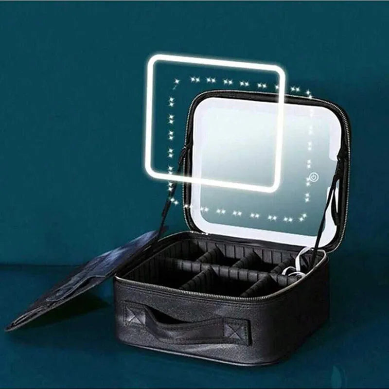 Smart 3 Color LED Travel Train Cosmetic Case Light And Mirror Makeup Bag Female Beautician Skincare Makeup Case For Women