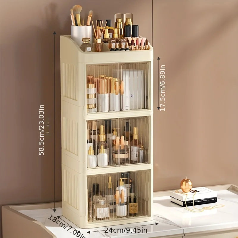 3 to 4-Tier Foldable Makeup Organizer with Drawer Function— Provides Spacious Storage for Cosmetics, Jewelry, Perfume, Lipstick, Makeup Brushes, Stationery, and Bathroom Supplies— Easy to Assemble, Compact Design Suitable