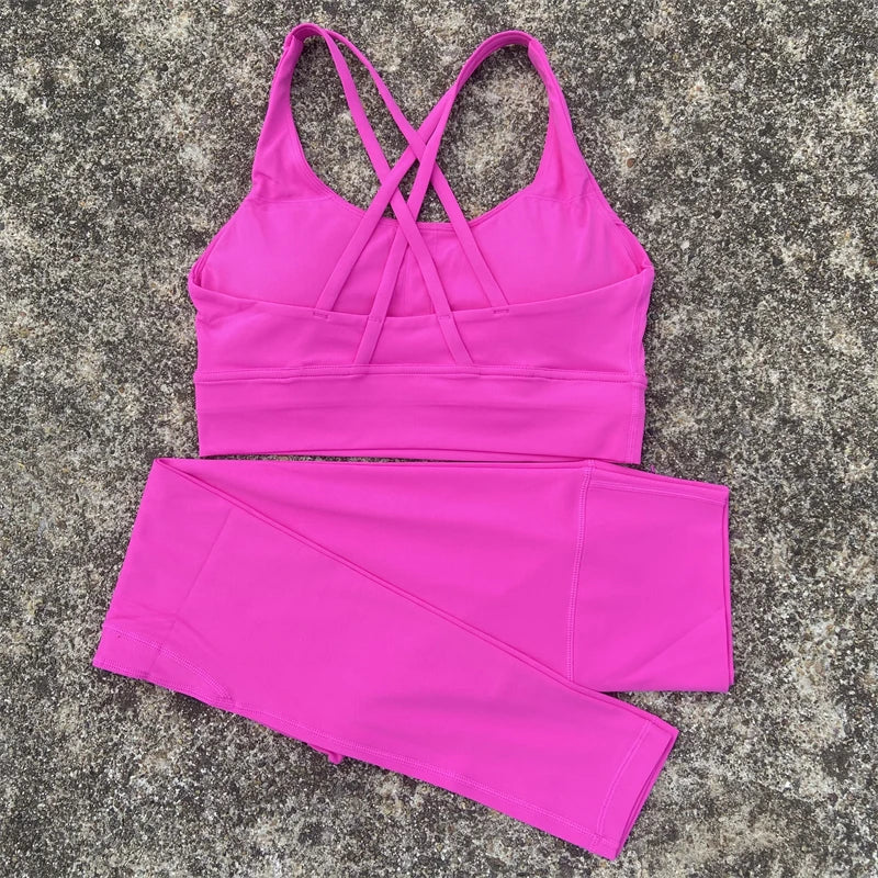 Yoga Set Gym Sports Set 2 Piece Women Workout Outfit Fitness Suit Cross Straps Bra Top And High Waist Leggings Running Tracksuit